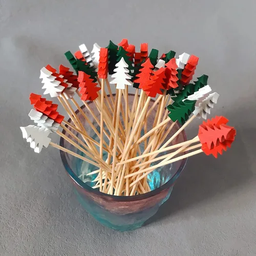 Vista 2 de 100 piezas de selecciones de cóctel de bambú fruta/comida palillos de dientes festivos de aperitivos de 4.72 pulgadas palillos de madera con árboles