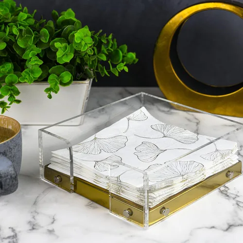 Vista 2 de Servilletero moderno para cocina, servilletero para mesas, base de acrílico transparente y acero, decoración de cocina y comedor (dorado)