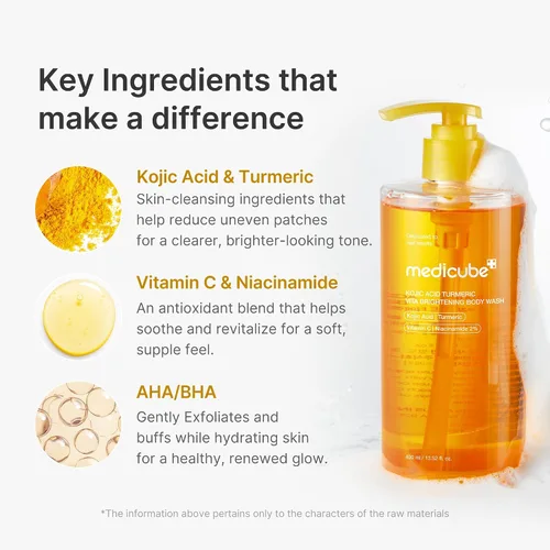 Vista 2 de medicube Jabón corporal y tono de ácido kójico: gel de baño iluminador de cúrcuma con ácido Kojc y tónico ahumado para rostro y cuerpo Rutina