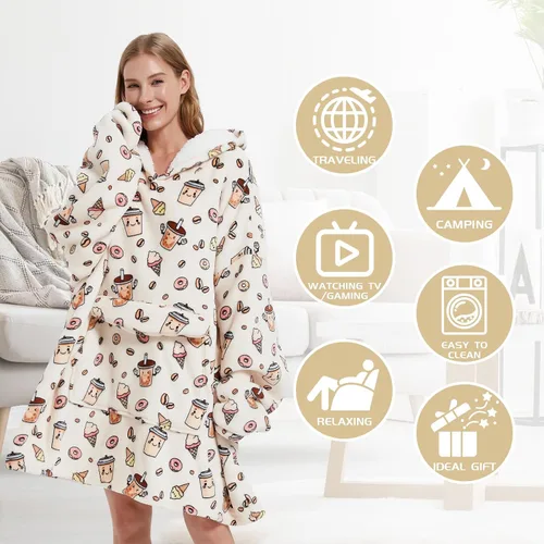Vista 2 de Mewkou Manta con capucha para adultos, manta de forro polar Sherpa de gran tamaño con capucha para mujeres y hombres, café