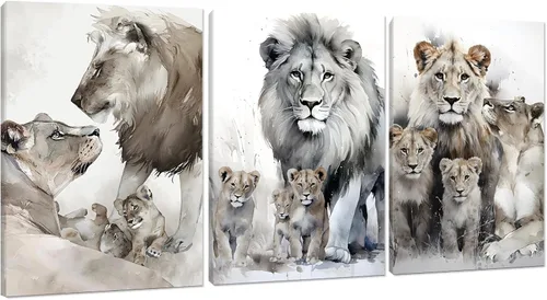 Vista 9 de 3 piezas modernas de lienzo de león de animales salvajes, pinturas de retratos de familia de leones, decoración de pared, obras de arte de sala