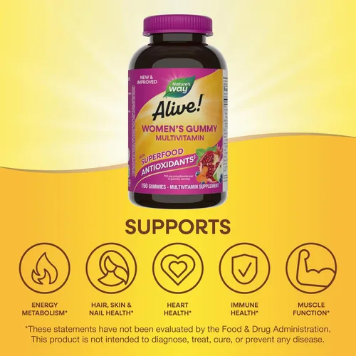 Vista 4 de Nature's Way Alive! Multivitaminas diarias de gomitas para mujer, 16 vitaminas y minerales, metabolismo energético*, piel y uñas, vegetariano, sabor