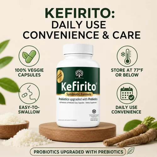 Vista 7 de Kefirito Daily Symbiotic Formula – Suplemento diario probiótico + prebiótico, 60 cápsulas – Absorción equilibrada de nutrientes y apoyo de comodidad