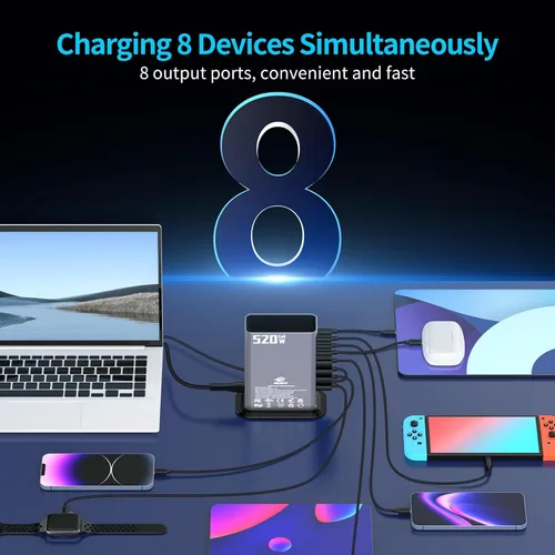 Vista 3 de Estación de carga USB-C de 520 W y 8 puertos - 4 x 100 W PD + 4 × 30 W Fast charger block for laptop, phone, tablet. 4 USB-C PD ports and 4 USB-A