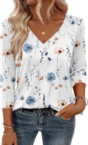 Vista 13 de Zeagoo Camisetas de manga 3/4 para mujer, cuello en V, blusa casual elegante, camisetas básicas 2026, ropa de moda S-2XL