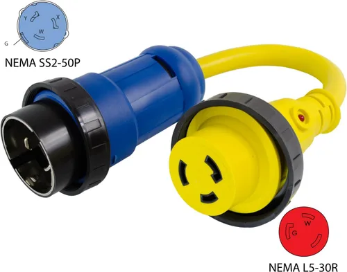 Vista 2 de Conntek Marine Shore - Cable adaptador de 50 amperios, 125/250 voltios, enchufe macho a conector hembra de 30 amperios y 125 voltios, color negro
