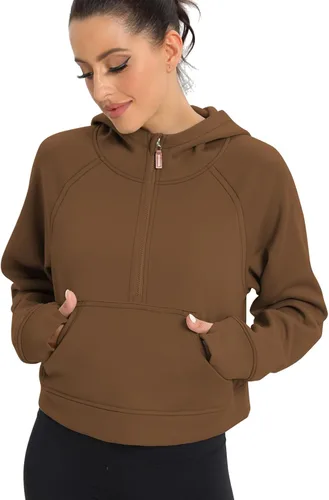 Vista 3 de POGTMM Sudadera corta con media cremallera para mujer, con forro polar, con cremallera de un cuarto, sudadera atlética de moda, trajes de invierno