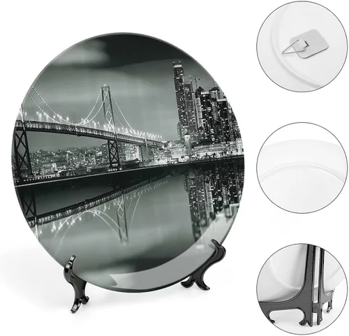 Vista 4 de Platos decorativos, adorno con estampado en blanco y negro, puente de la bahía de San Francisco, panorámica de Metrópolis, 8 pulgadas, 1 plato con 1