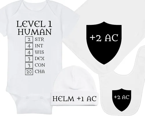 Vista 29 de Level 1 Human with Ability Scores - Gaming Baby Onesie - Hat - Blanket - Bib Package Combinations