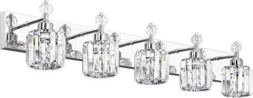 Vista 14 de PRESDE Aplique de pared de cristal único, lámpara de tocador cromada moderna, lámpara de pared de 1 luz para baño, dormitorio, pasillo