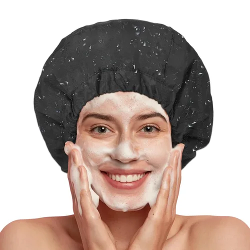 Vista 7 de Gorro de ducha para mujer, gorro de baño negro, reversible, grande, impermeable, ajustable, forro de rizo y banda elástica, dobladillo elástico
