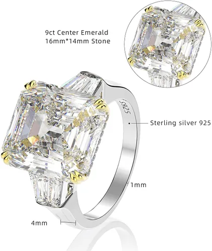 Vista 3 de AINUOSHI Anillo de corte esmeralda solitario baguette 3 piedras 9 quilates circonita cúbica CZ compromiso plata esterlina boda aniversario joyería