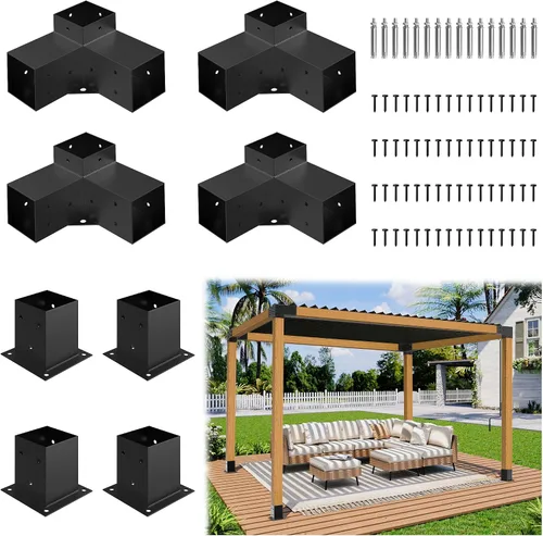 Vista 9 de JEXALINE Kit de pérgola de acero de aleación pesada con soportes en forma de T de 3 vías para madera de 4 x 4 pulgadas (real 3.6 x 3.6 pulgadas)