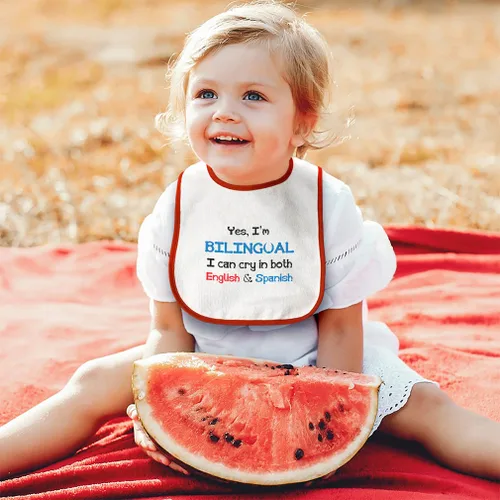 Vista 5 de Baberos para niños pequeños y bebés, divertidos Yes I'm Bilingual Can Cry in English & Spanish Baby Cotton Baby Items for Baby Girl & Boy White