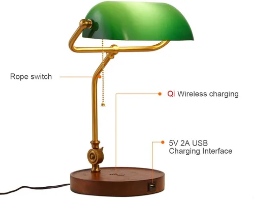 Vista 4 de Hsyile KU300237 Lámpara de mesa retro con interruptor de cuerda con puertos de carga USB, con pantalla de cristal retro verde para sala de estar