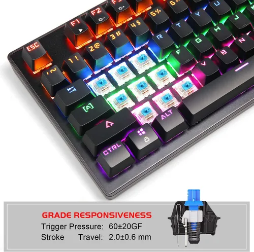 Vista 5 de MageGee Teclado mecánico para juegos de 87 teclas con retroiluminación LED RGB, teclado de computadora USB con cable con interruptores azules, 100%