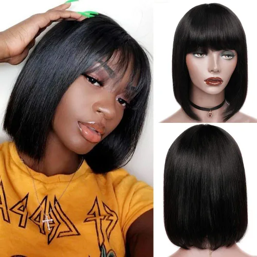 Vista 10 de Rebasar Peluca corta Bob con flequillo pelucas de cabello humano de 8 Negro