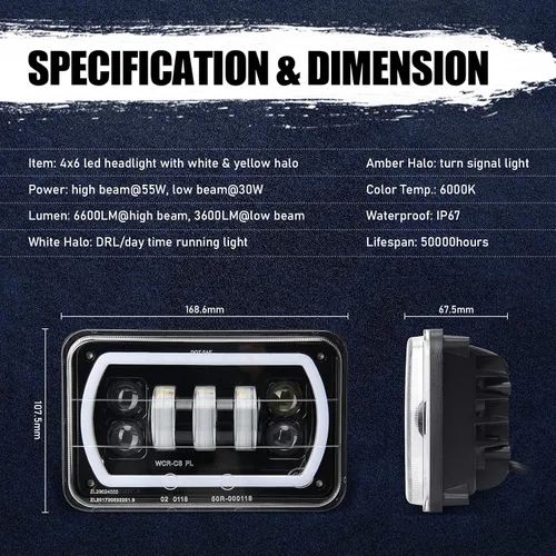 Vista 7 de OPP ULITE Faros delanteros LED 4x6 con luz blanca DRL ámbar señal de giro Halo, haz de sello H4651 H4656 H6545 H4668, paquete de 4 piezas (1730S-4)