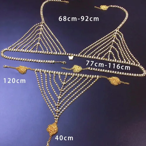 Vista 3 de Koleso - Conjunto de bikini con diamantes de imitación para mujer, con cadena de cintura para el vientre, cadena erótica, ropa