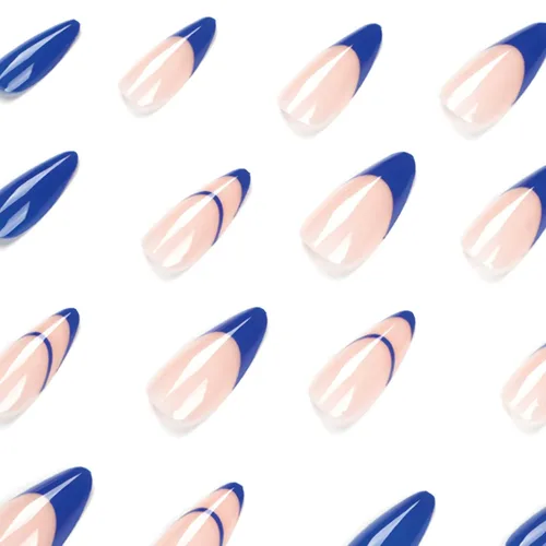 Vista 3 de BABALAL Uñas postizas a presión de almendra, uñas postizas de longitud media, uñas acrílicas brillantes, color azul, francesas, con pegamento, 24
