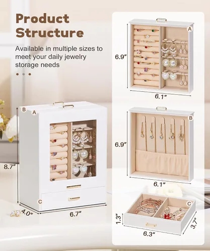 Vista 4 de Homde Organizador de joyas para niñas y mujeres, joyero para collares, anillos, aretes, regalo de Navidad, pulseras (blanco + dorado)