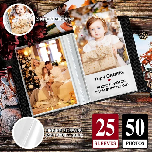 Vista 5 de Lanpn Álbumes de fotos pequeños de 4 x 6 pulgadas, 50 imágenes, paquete de 2 unidades, mini capacidad de lino Our Memories, juego de bolsillos