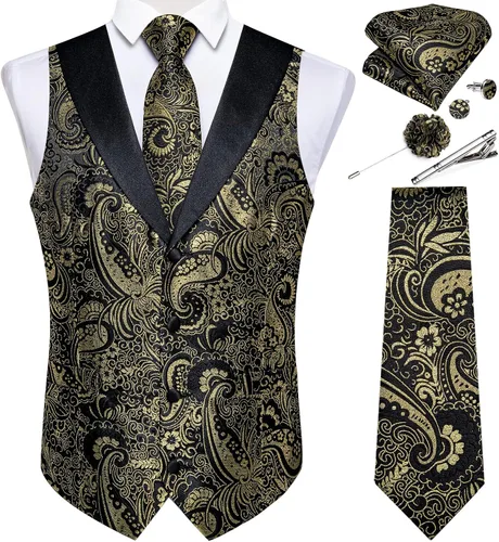 Vista 10 de DiBanGu Chaleco de traje de cachemira para hombre, chaleco jacquard de seda y corbata, chaleco formal de cuello de chal, 7 piezas para fiesta