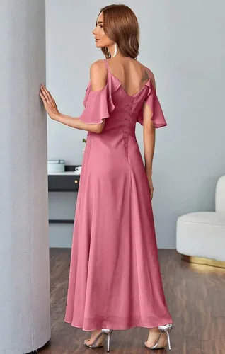 Vista 2 de RYANTH Women's Cold Shoulder Bridesmaid Dresses Long Summer Side Slit Chiffon Formal Evening Gown with Pockets RYZ95
