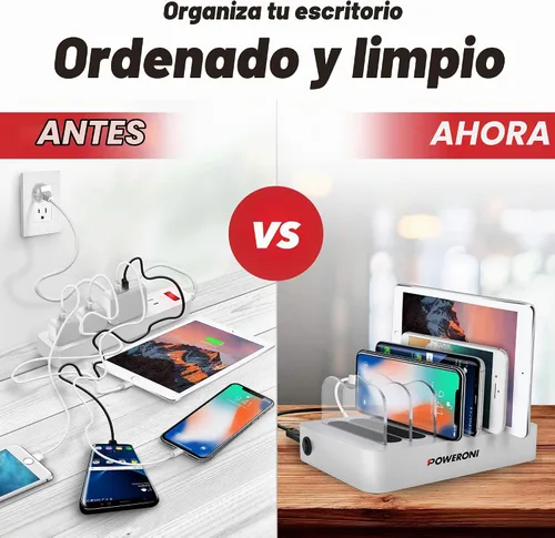 Vista 6 de Base de carga USB, estación de carga universal de 6 puertos para múltiples dispositivos, estación de carga para múltiples dispositivos, compatible
