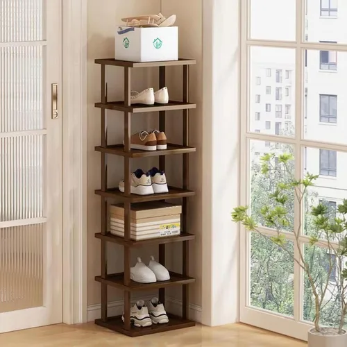 Vista 9 de Zapatero vertical – Organizador de zapatos alto y estrecho para espacios pequeños, estante de bambú de 5 niveles para entrada, armario, esquina