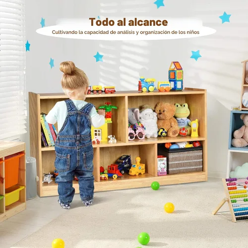 Vista 4 de Costzon Estantería de 2 estantes para niños, organizador de almacenamiento de juguetes de madera para libros y juguetes, estantería Montessori de 5