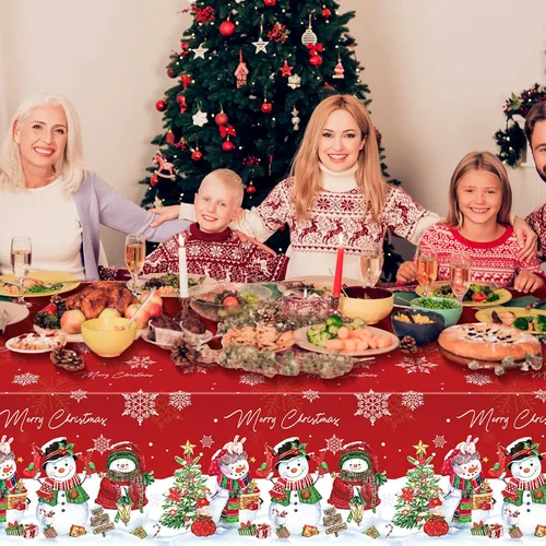 Vista 6 de FunnyPars 3 piezas manteles de muñeco de nieve navideños de plástico, cubierta de mesa de invierno con copos de nieve y árbol de Navidad