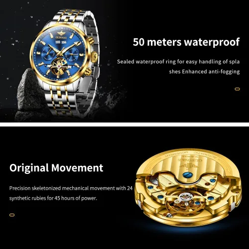 Vista 4 de OLEVS Relojes automáticos para hombre, mecánico, de lujo, cuerda automática, multicalendario, acero inoxidable, impermeable, relojes de pulsera