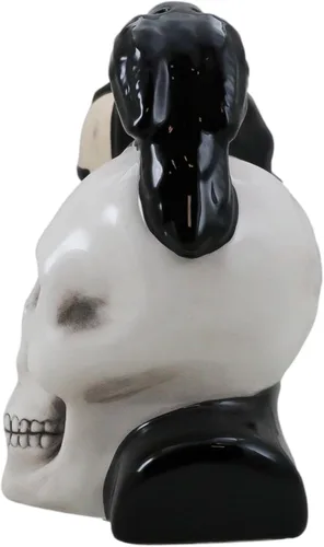 Vista 3 de Ebros Gift Poeta gótico Edgar Allen Poe con cuervo negro en el cráneo decorativo de cerámica salero y pimentero Figuritas Quoth The Raven Nevermore