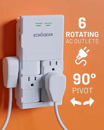 Vista 2 de ECHOGEAR Toma de pared con puertos USB y protección contra sobretensiones, 8 dispositivos 6 enchufes giratorios de CA, 2 incluye 1 puerto USB-C