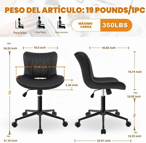 Vista 2 de Silla de oficina, silla de escritorio sin brazos con ruedas, ergonómicas y cómodas sillas de trabajo para computadora en casa, silla de tocador