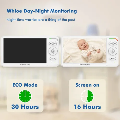 Vista 4 de HelloBaby Monitor de bebé con cámara y audio, 6 pulgadas, primera pantalla IPS del mundo, monitor de cámara para bebé, sin WiFi, monitor de bebé