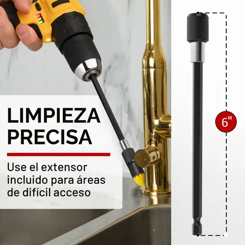 Vista 6 de Impresa Juego de accesorios para cepillos de taladro, paquete de 10, 5 cónicos y 5 planos, extensor de 6 pulgadas, cepillos de limpieza de lechada