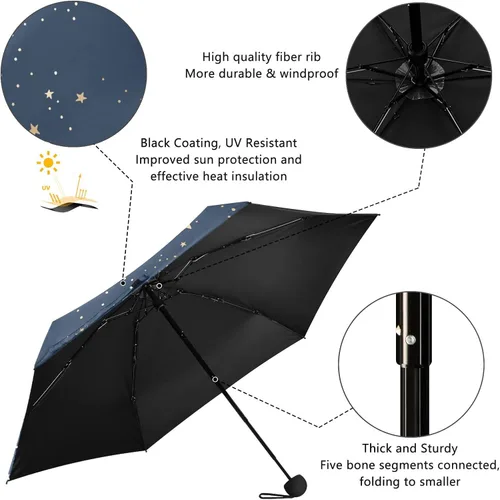 Vista 4 de QwThum Sombrilla de viaje plegable compacta con protección UV para 99% de protección UV, resistente al viento, a prueba de lluvia, pequeña luz a