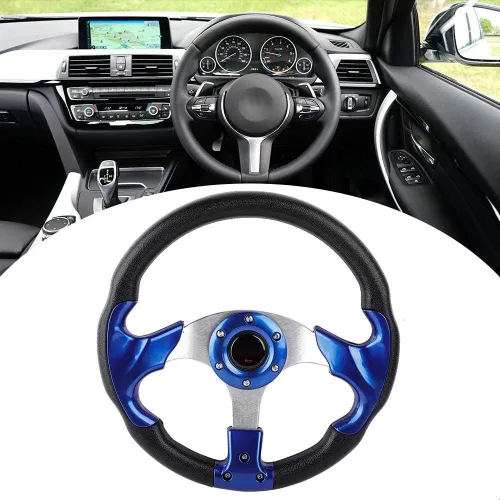 Vista 3 de Volante de 13 pulgadas, ajuste universal para autos deportivos y de deriva de cuero sintético, diseño de carreras azul, agarre y control mejorados