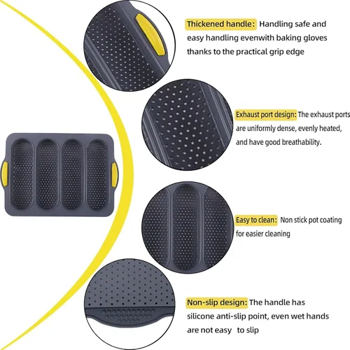 Vista 3 de Molde de pan de silicona de 4 cavidades, sartén antiadherente para pan de masa madre y sartén para pan baguette resistente al calor, moldes para pan