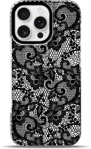 Vista 13 de NITITOP Funda para iPhone 13 Pro con flores de encaje transparente - Negro