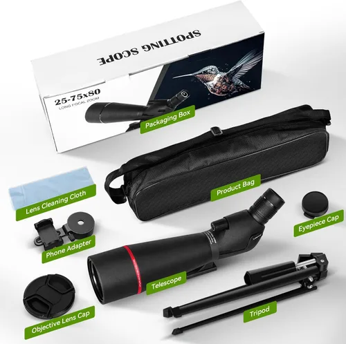 Vista 7 de [Usado] 25–75x80 HD Spotting Scope for Bird Watching & Target Shooting, BAK4 Prism Angled Spotter Scope with Tripod & iPhone Adapter, Waterproof
