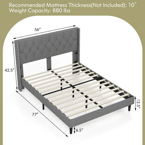 Vista 2 de Giantex Base de cama tapizada de tela de lino de tamaño matrimonial, marco de cama moderno con cabecera capitoné con botones, base de colchón