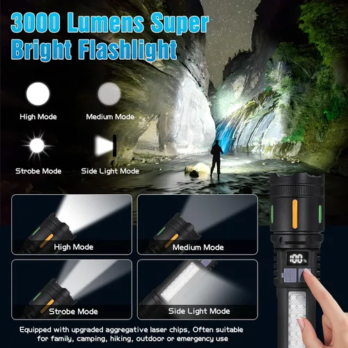 Vista 2 de Linternas LED recargables de alto lúmenes, linterna táctica súper brillante de 3000 lm con luz lateral de mazorca, 5 modos de luz, IPX6 impermeable