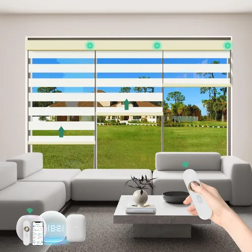 Vista 21 de Persianas motorizadas de cebra con control remoto [doble capa + filtro de luz] Persianas inteligentes 60% opacas para ventanas interiores