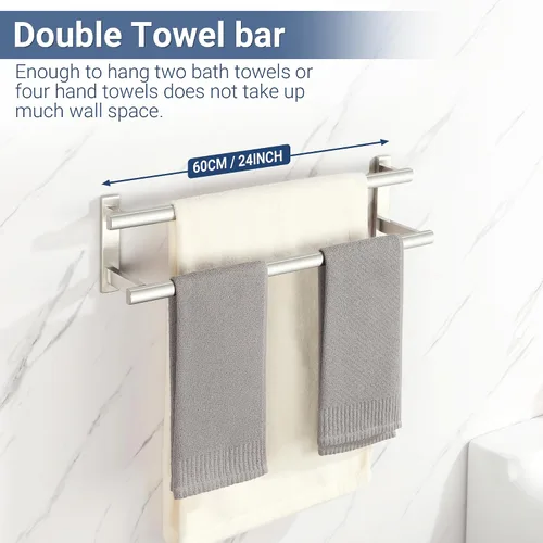 Vista 4 de SAYAYO Barra doble de toallas para baño, toallero de baño de 24 pulgadas de níquel cepillado, soporte de toalla montado en la pared, acero