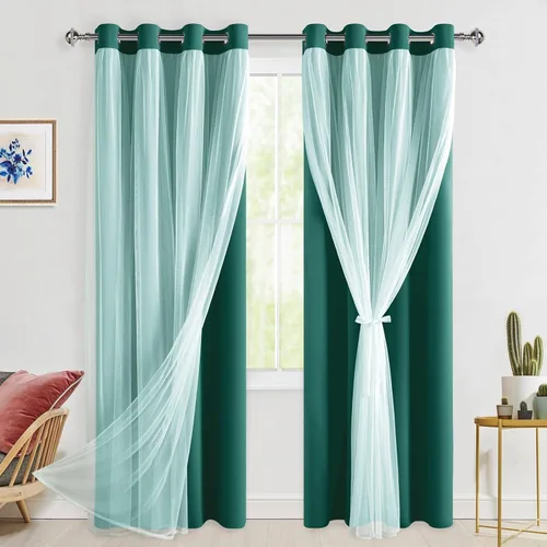 Vista 120 de Hiasan Cortinas opacas con superposición transparente, aislamiento térmico para mezclar y combinar de doble capa, cortinas de oscurecimiento de Beige