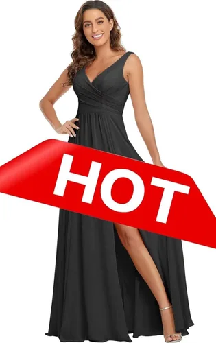 Vista 8 de Vestido de dama de honor de gasa con cuello en V vestido de fiesta formal de boda