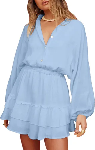 Vista 4 de OPOIPIN Minivestido de manga larga con cuello en V y volantes en capas para mujer